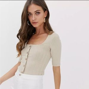 Stradivarius Ribbed Button Front Square Neck Top
